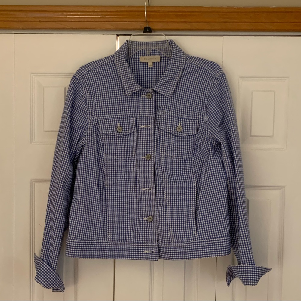 Talbots blue and white check button front jacket